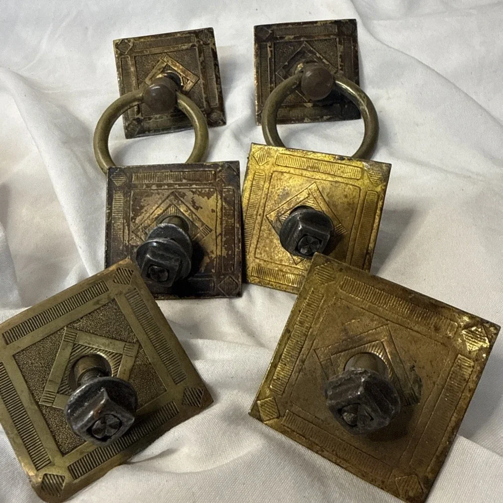 Vintage Lot Brass 6 Arts & Crafts drawer Square Ring pull Steampunk Boho Diamond